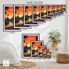 Size guide for Angkor Wat Wall Art showcasing various frame sizes for home decor and gifts.