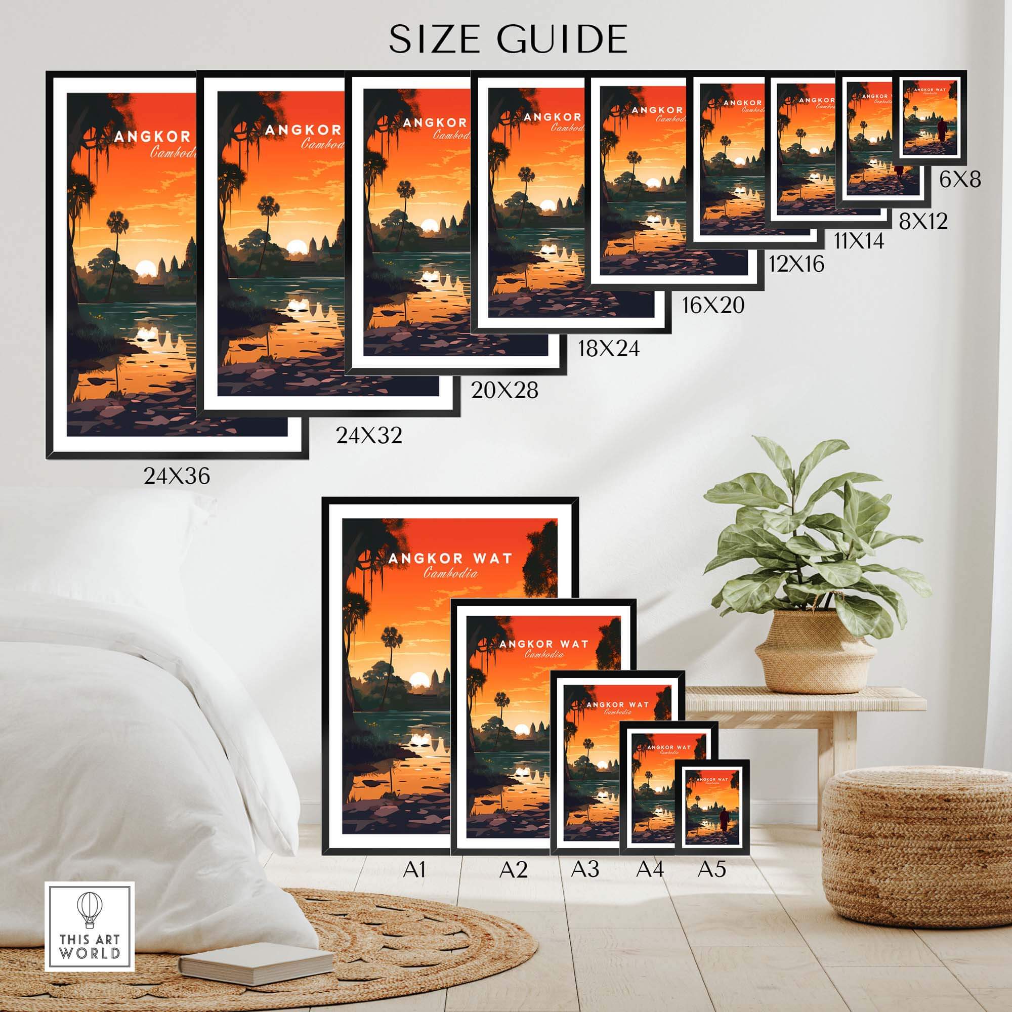 Size guide for Angkor Wat Wall Art showcasing various frame sizes for home decor and gifts.