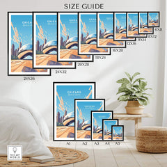 Size guide for Chicago Print wall art featuring The Cloud Gate, showcasing available frame sizes.