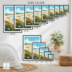 Size guide for Cornwall Art Print showcasing various frame sizes for home decor options.