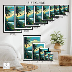 Size guide for Costa Rica Print wall art featuring various dimensions and vibrant tropical landscape designs.