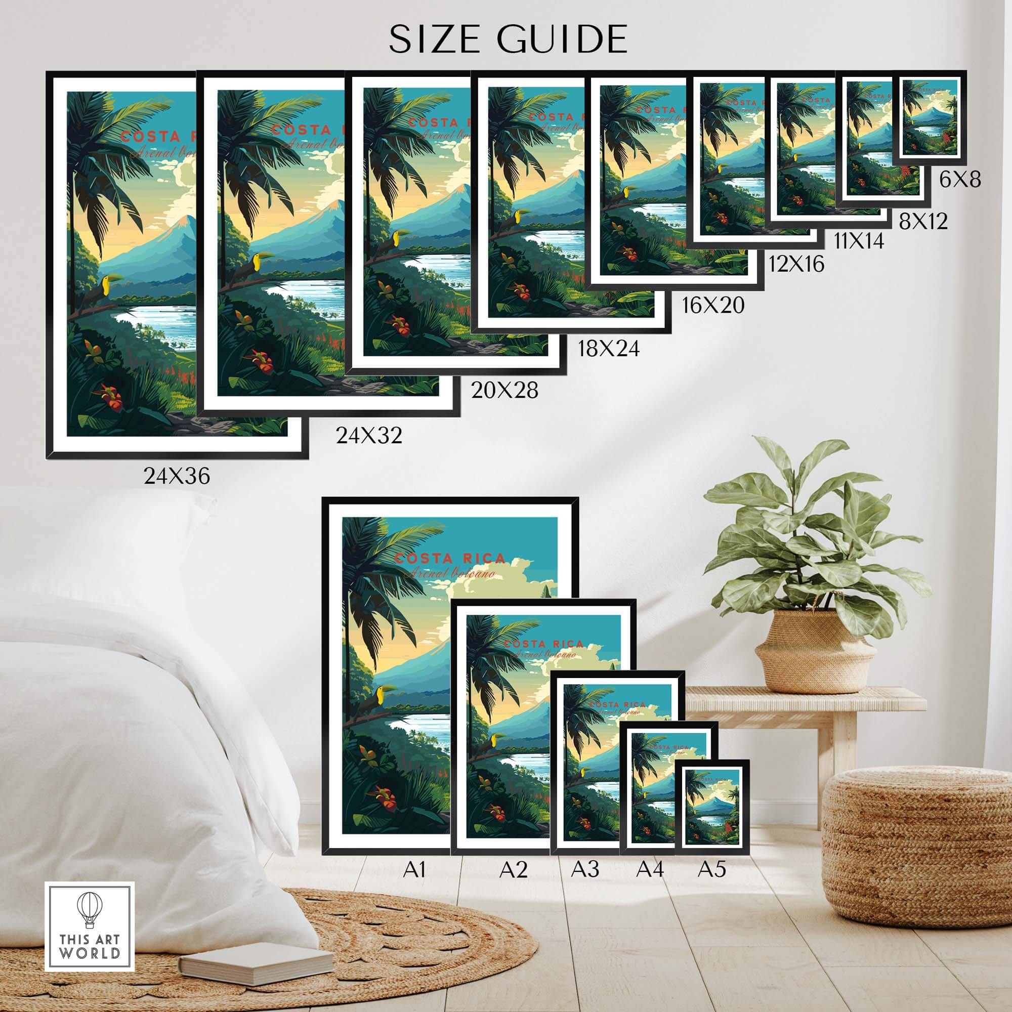Size guide for Costa Rica Print wall art featuring various dimensions and vibrant tropical landscape designs.