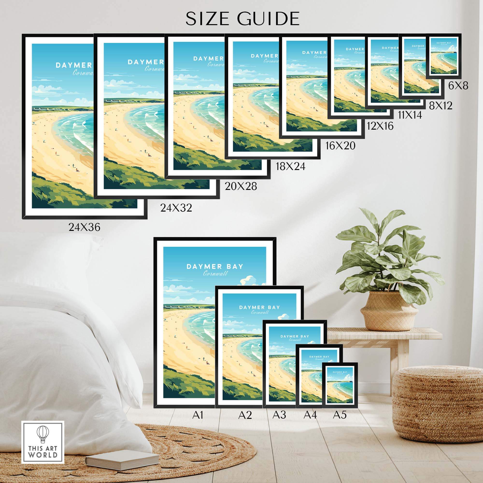 Various sizes of the Daymer Bay Cornwall Print displayed in a stylish living space with a plant.