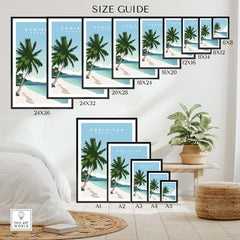 Size guide for Dominican Republic travel poster prints featuring various dimensions on a stylish wall.