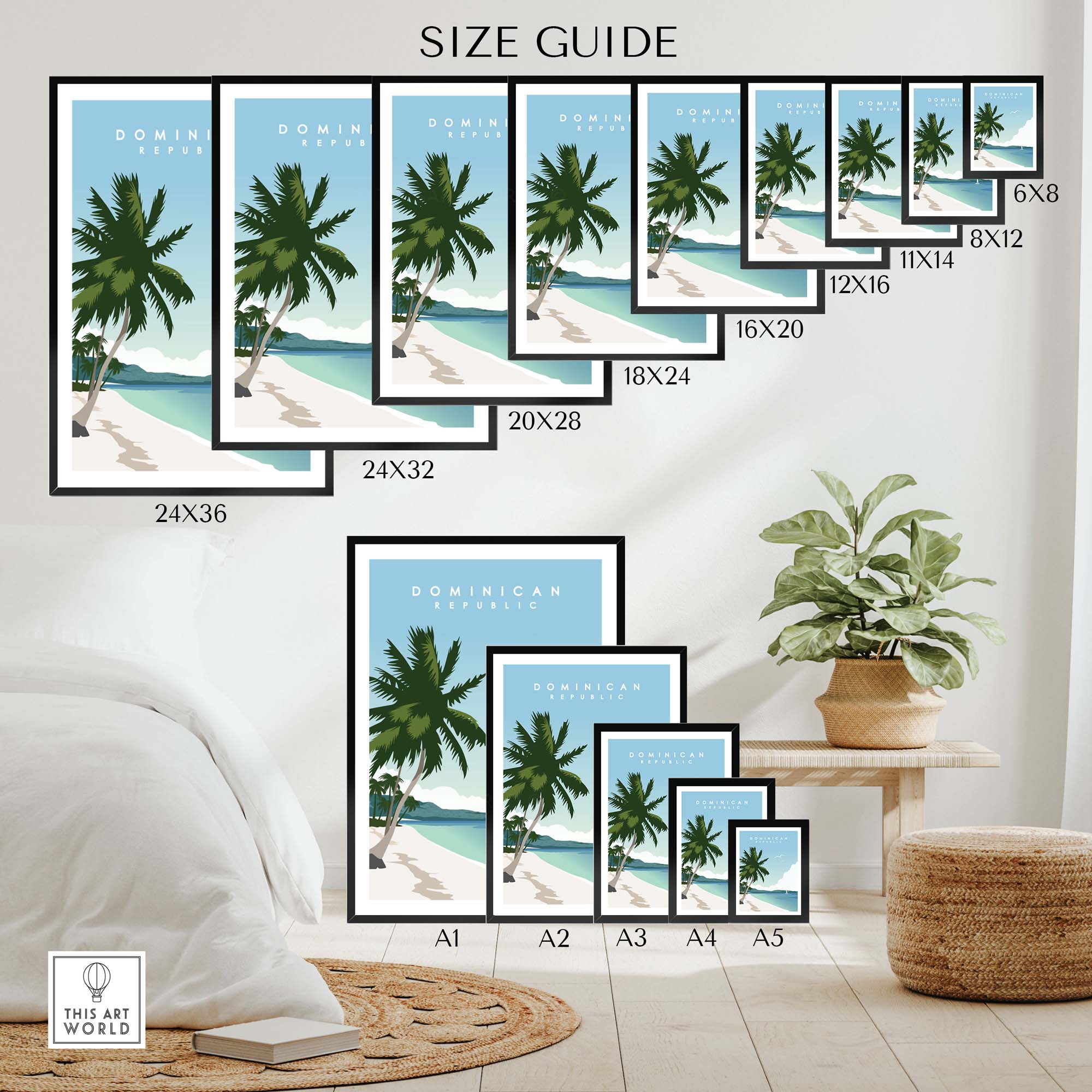 Size guide for Dominican Republic travel poster prints featuring various dimensions on a stylish wall.