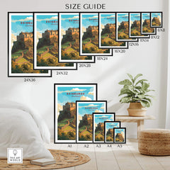 Edinburgh Poster Print size guide showing various dimensions for Scotland wall art.