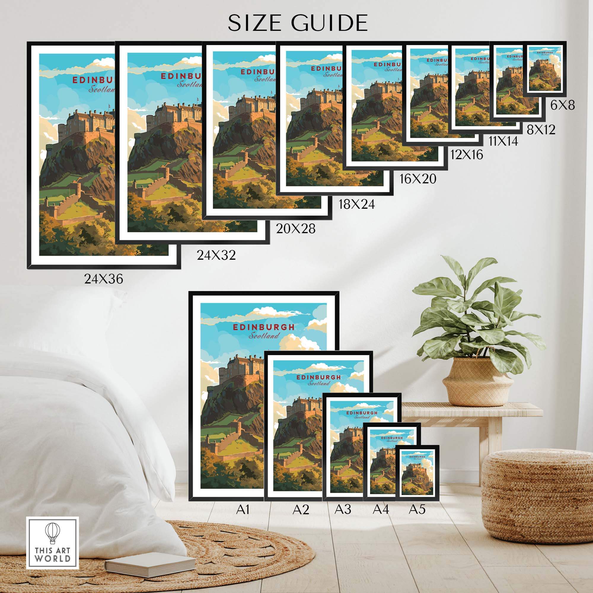 Edinburgh Poster Print size guide showing various dimensions for Scotland wall art.