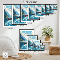Size guide for Fjords Wall Art Norway prints showcasing various frame dimensions and a Nordic landscape design.