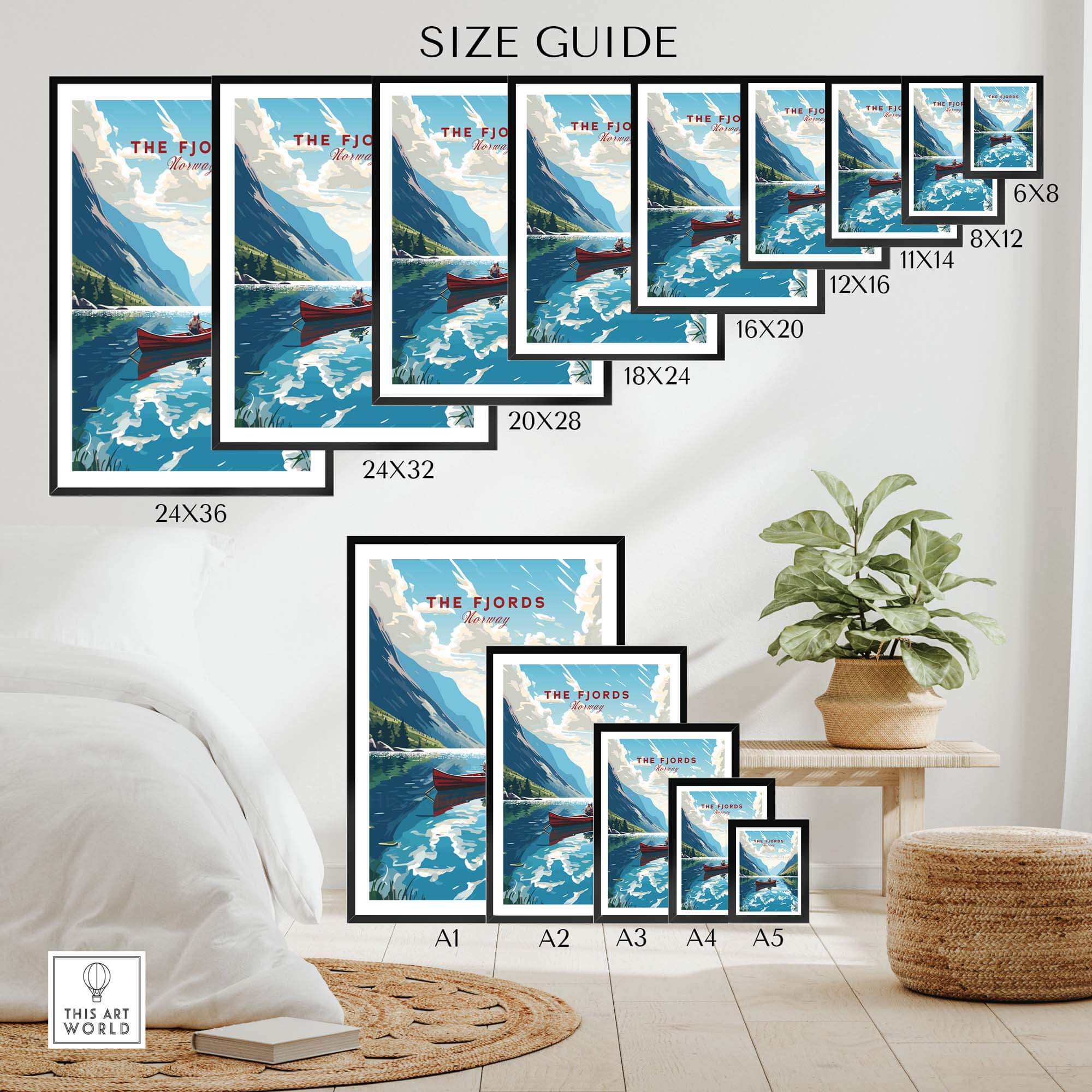 Size guide for Fjords Wall Art Norway prints showcasing various frame dimensions and a Nordic landscape design.