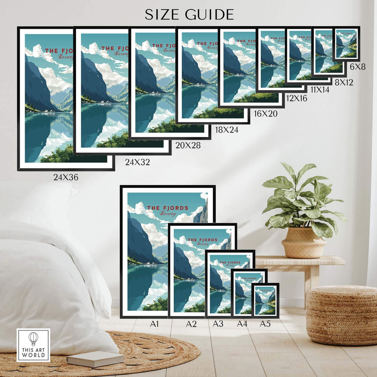 Norway Fjords Travel Poster size guide displayed in a stylish living room setting, showcasing various frame sizes.