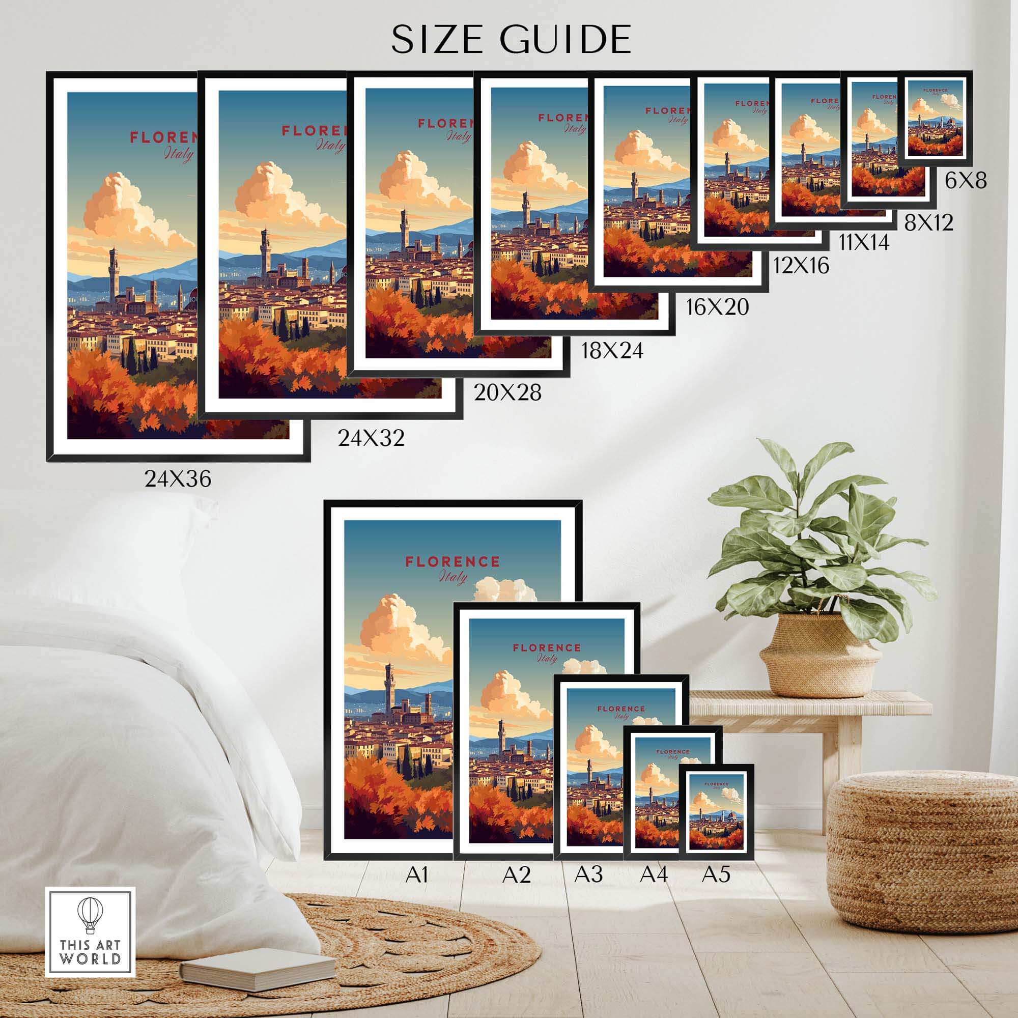 Size guide for Florence Italy art print showcasing various frame sizes and dimensions for art display options.