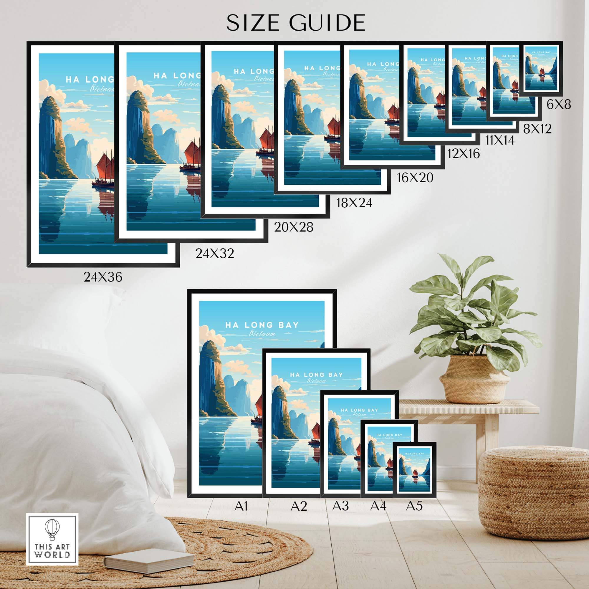 Size guide for Ha Long Bay poster prints showcasing different dimensions and frames in a stylish interior setting.