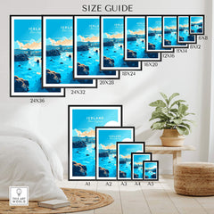 Size guide for Blue Lagoon Iceland Poster displaying various dimensions for wall art options in an elegant living space.