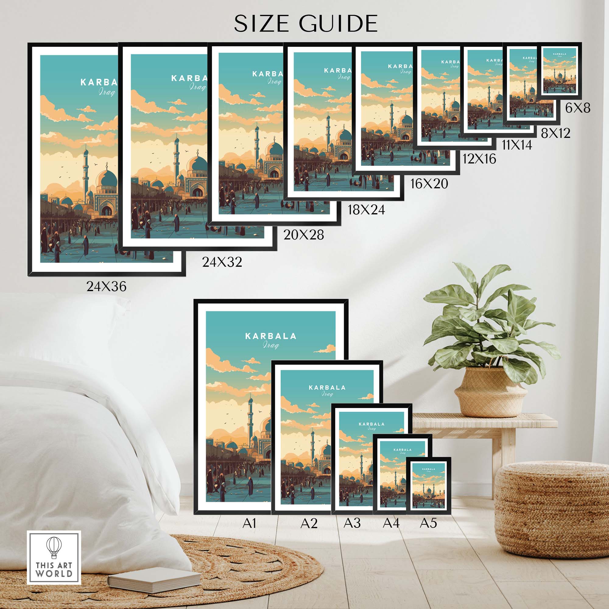 Karbala Iraq travel poster size guide showcasing various print sizes for home decor and artwork display.