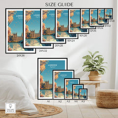 Size guide for London Wall Art Print, showcasing different frame sizes and iconic London landmarks.