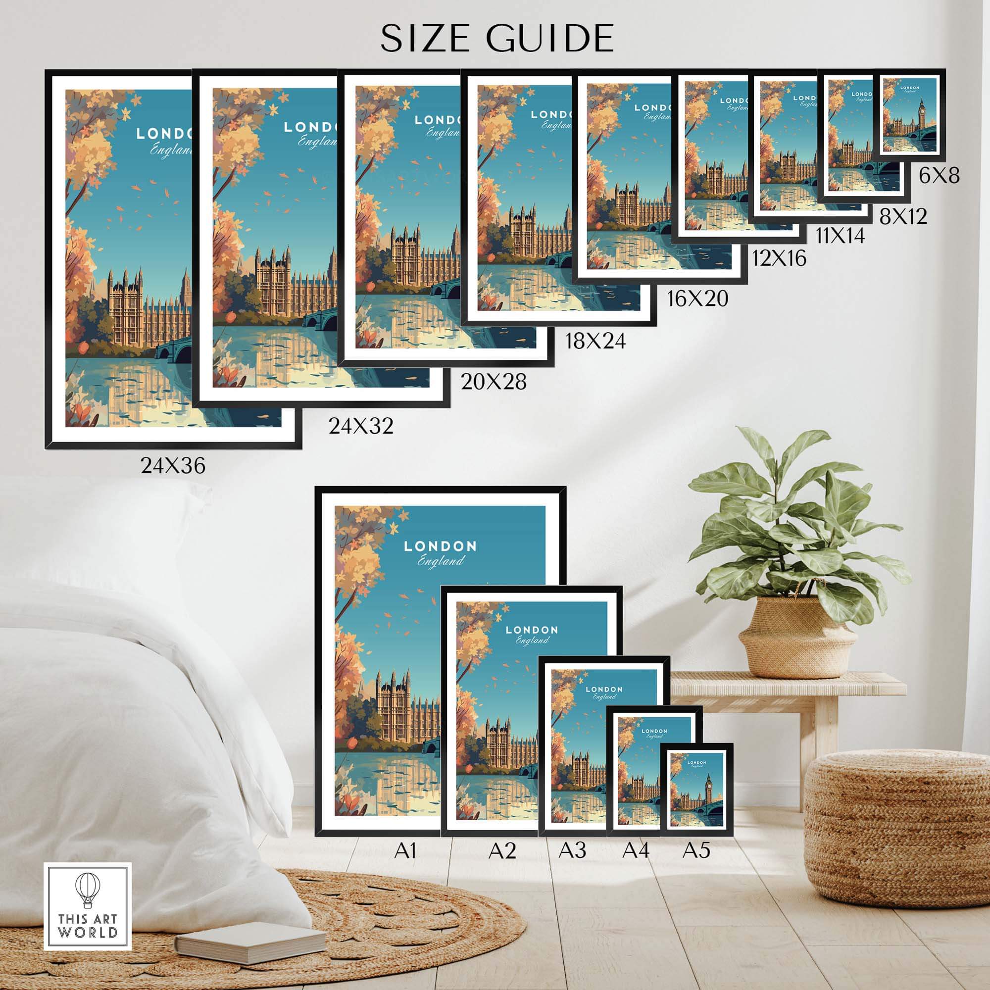 Size guide for London Wall Art Print, showcasing different frame sizes and iconic London landmarks.