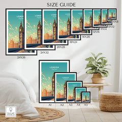 Size guide for London Big Ben poster showcasing various dimensions and placement in a stylish room setting.