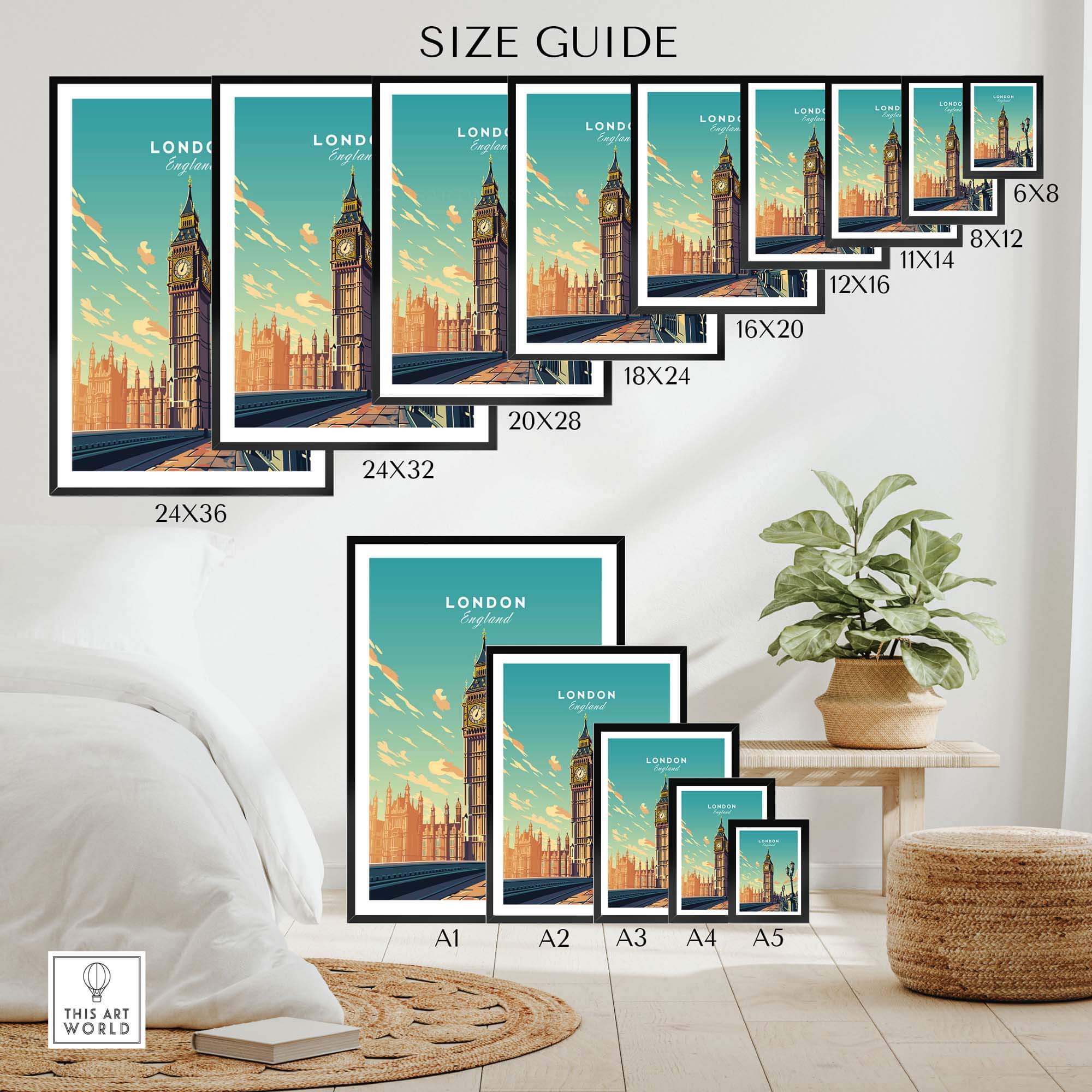 Size guide for London Big Ben poster showcasing various dimensions and placement in a stylish room setting.