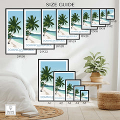 Size guide for Dominican Republic Wall Art Print showcasing various frame sizes and a tropical beach design.