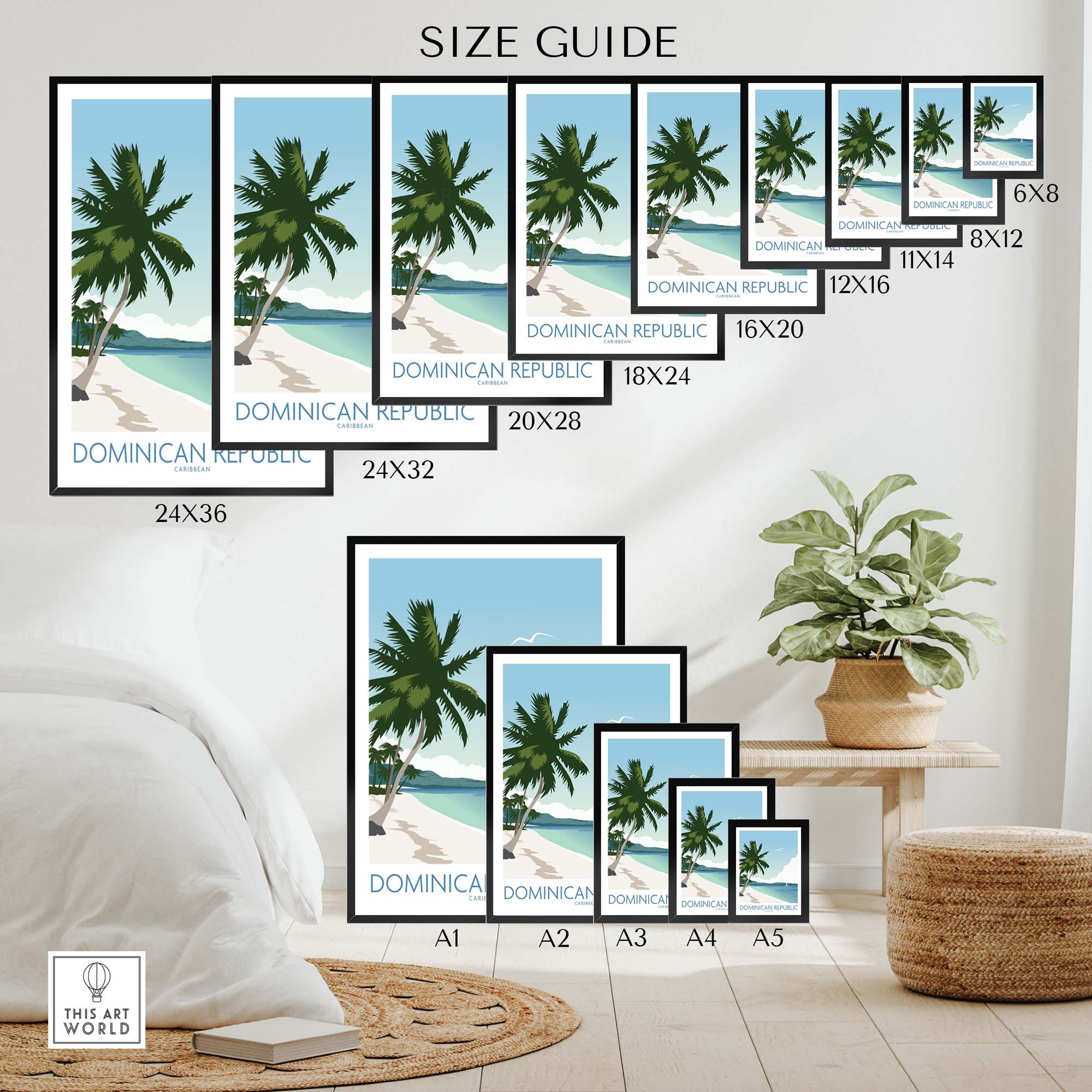Size guide for Dominican Republic Wall Art Print showcasing various frame sizes and a tropical beach design.