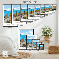 Size guide displaying various sizes of Macedonia Wall Art Print in a stylish interior setting.