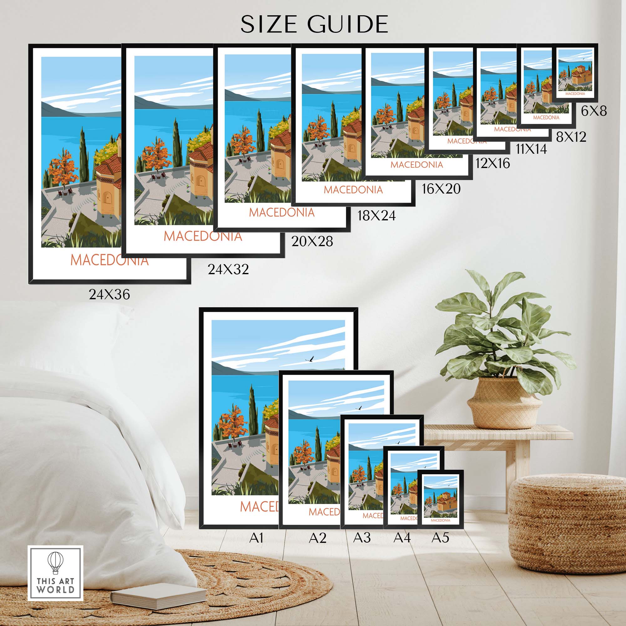 Size guide displaying various sizes of Macedonia Wall Art Print in a stylish interior setting.
