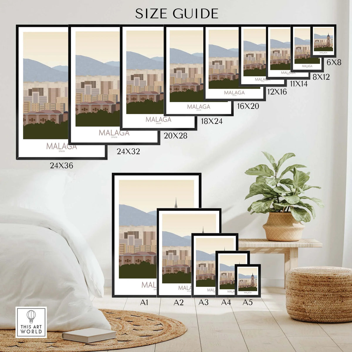 Malaga Wall Art Print size guide showcasing various frame sizes and dimensions in a stylish living space.