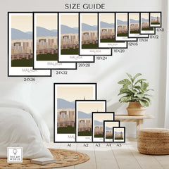 Malaga Wall Art Print size guide showcasing various frame sizes and dimensions in a stylish living space.