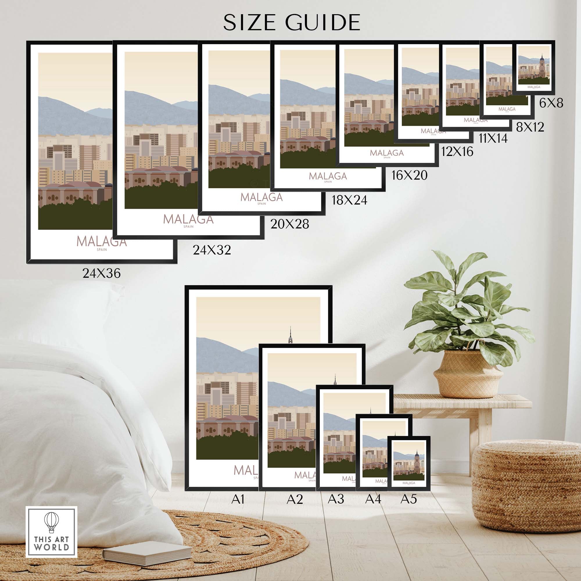 Malaga Wall Art Print size guide showcasing various frame sizes and dimensions in a stylish living space.