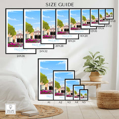 Palo Alto Wall Art Print size guide showcasing various framed print dimensions for home decor.