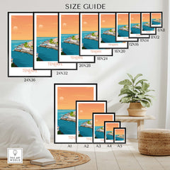 Size guide for Tenerife Wall Art Print showing various sizes and placement in a stylish home setting.