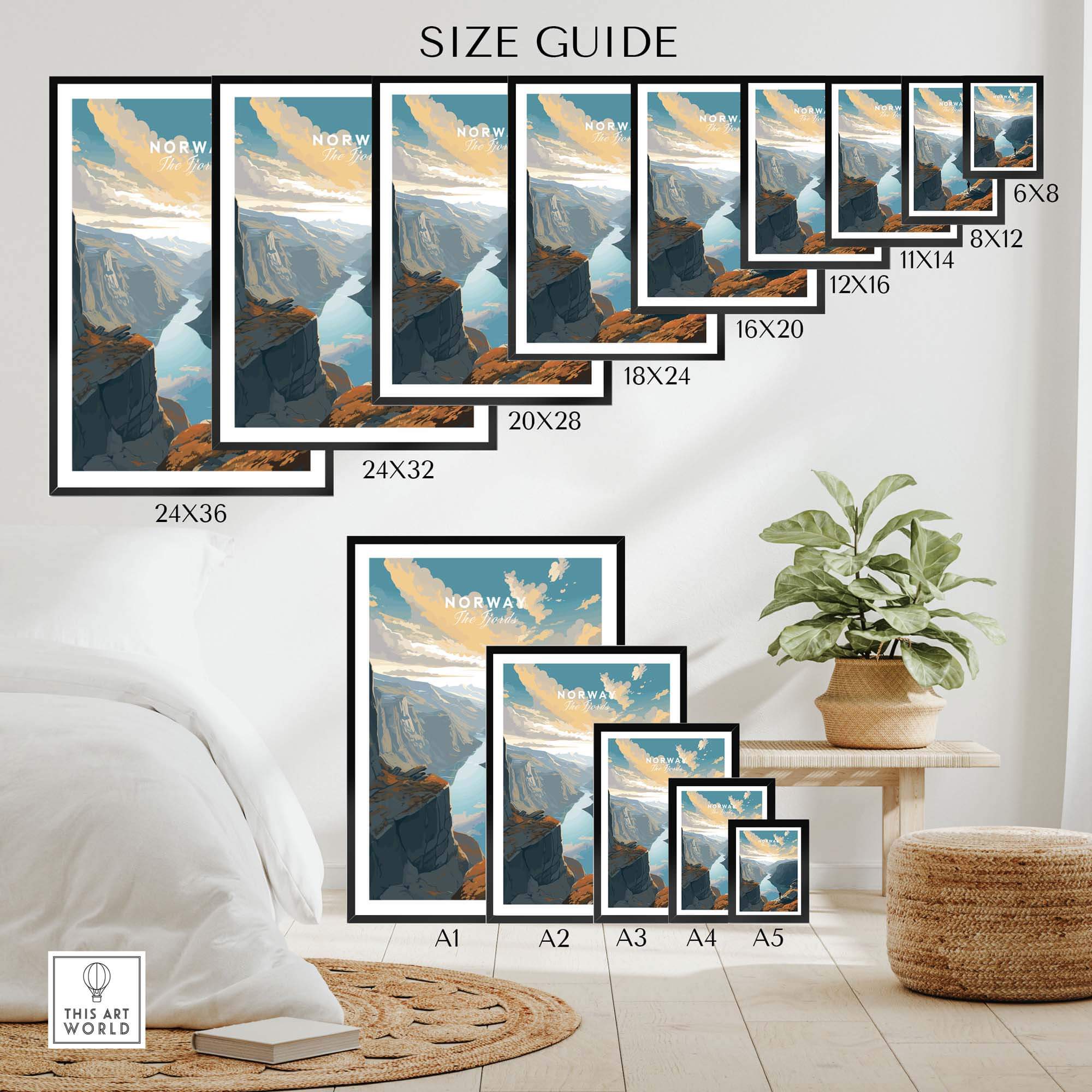 Size guide for Fjord Wall Art Print featuring various frame sizes in a stylish interior setting.
