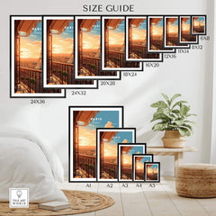 Size guide for Paris Eiffel Tower poster showing various frame dimensions in a stylish interior setting.