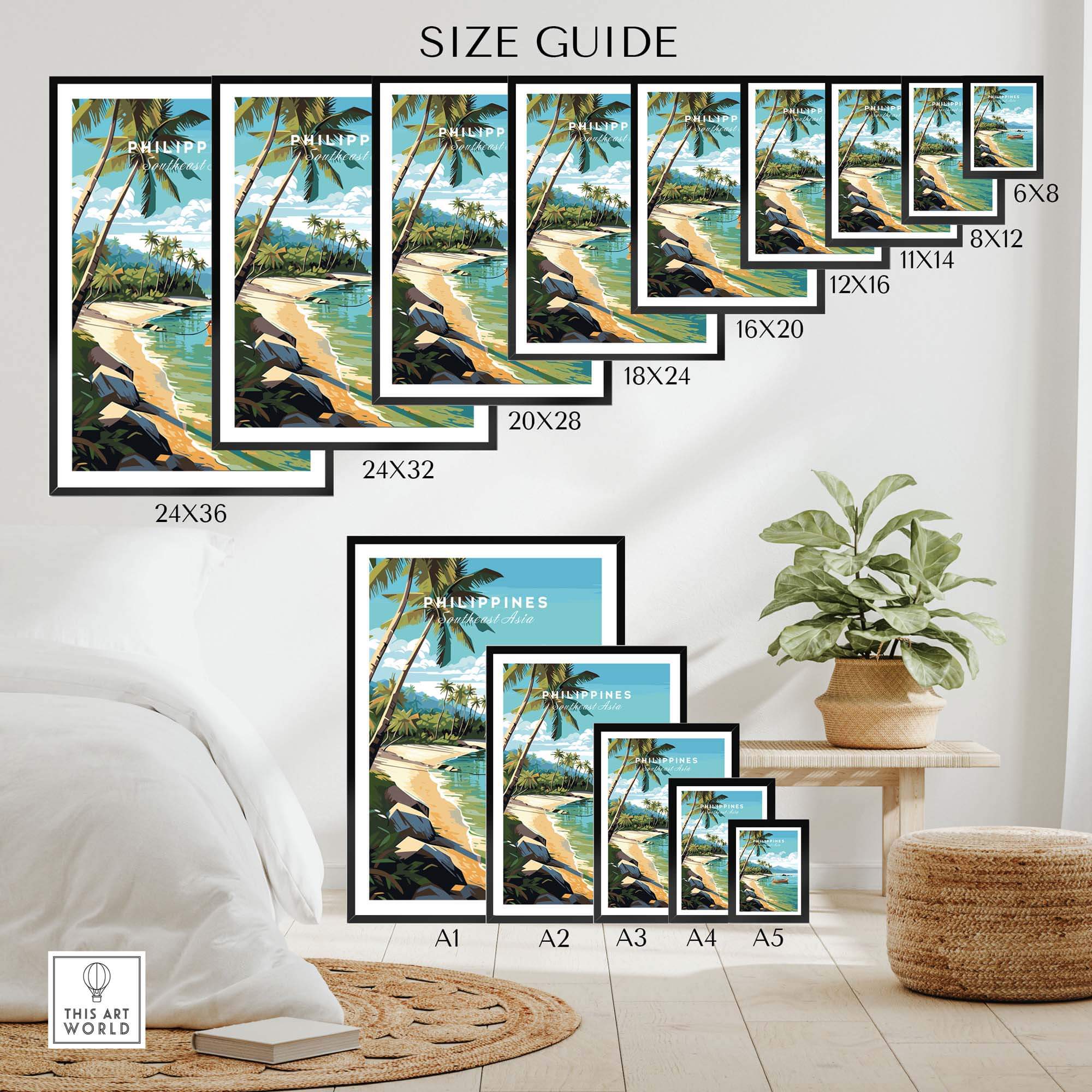 Size guide for vibrant Philippines art prints showcasing various frame sizes and tropical beach artwork.
