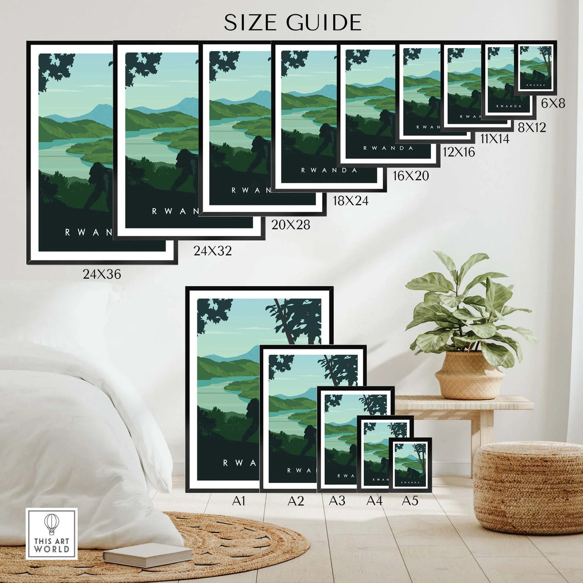 Rwanda travel poster print size guide showcasing various frame sizes and mountain gorillas among vibrant landscapes.