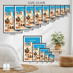 Size guide for Samawah Iraq travel poster print showcasing various frame sizes and designs for home decor.