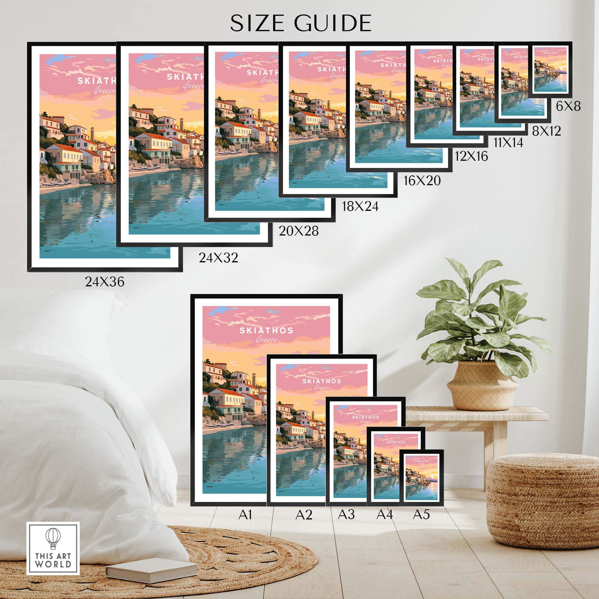 Size guide for Skiathos Greece Travel Poster Print showing various frame sizes and wall art layout options.