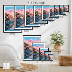 Size guide for Skopelos Greece travel poster prints in various dimensions and framing options.