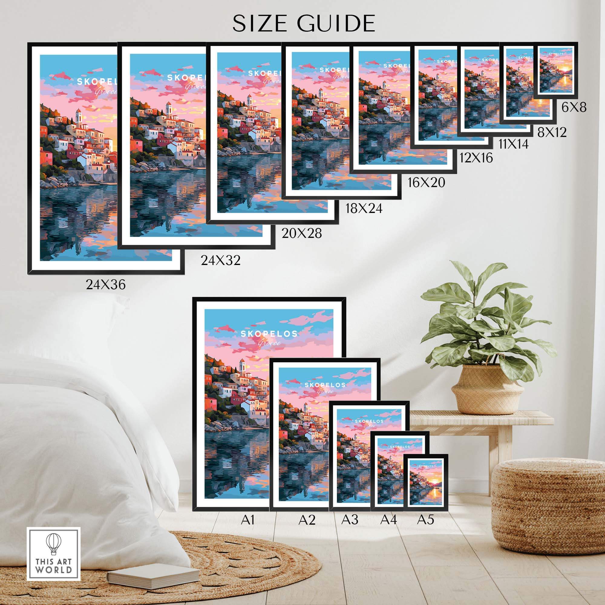 Size guide for Skopelos Greece travel poster prints in various dimensions and framing options.