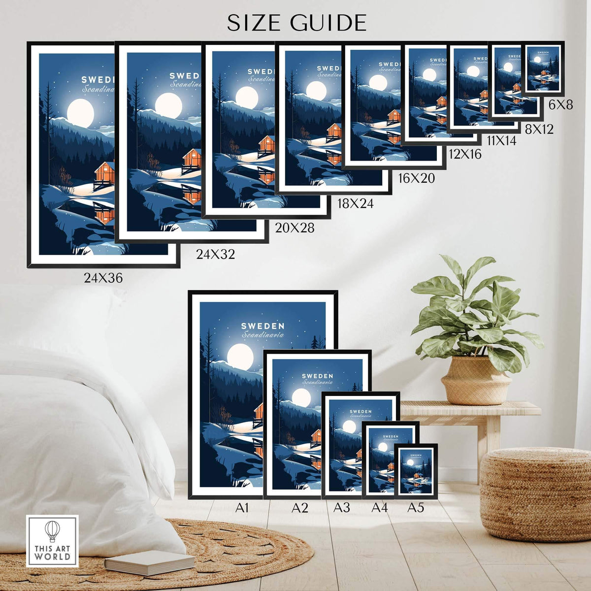 Size guide for Sweden Art Print showcasing various frame sizes in a stylish interior setting.