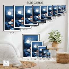 Size guide for Sweden Art Print showcasing various frame sizes in a stylish interior setting.