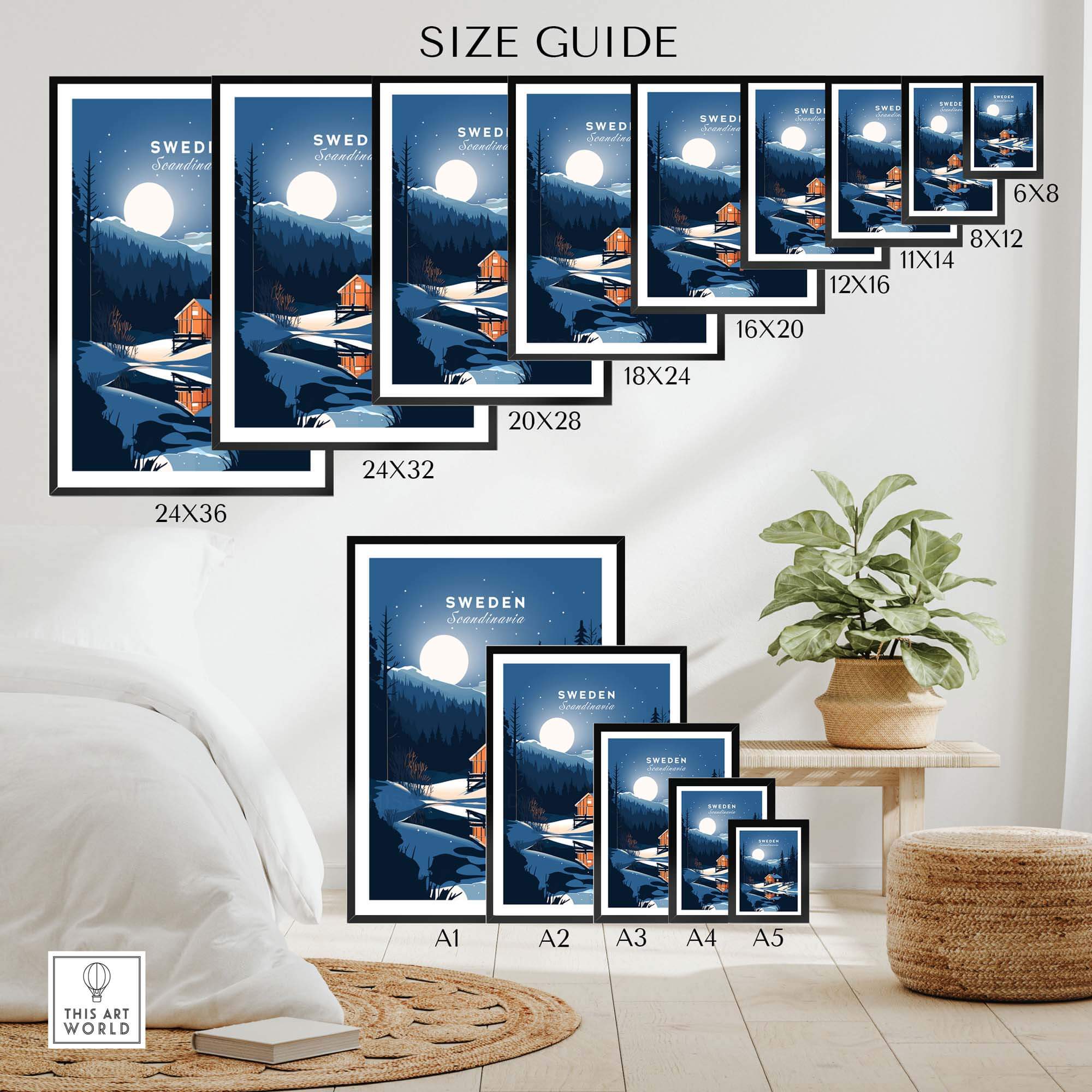 Size guide for Sweden Art Print showcasing various frame sizes in a stylish interior setting.