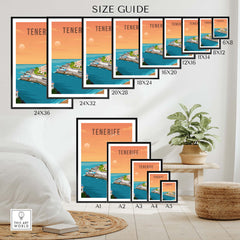 Tenerife Spain travel poster print size guide featuring various frame sizes and styles for wall decor.