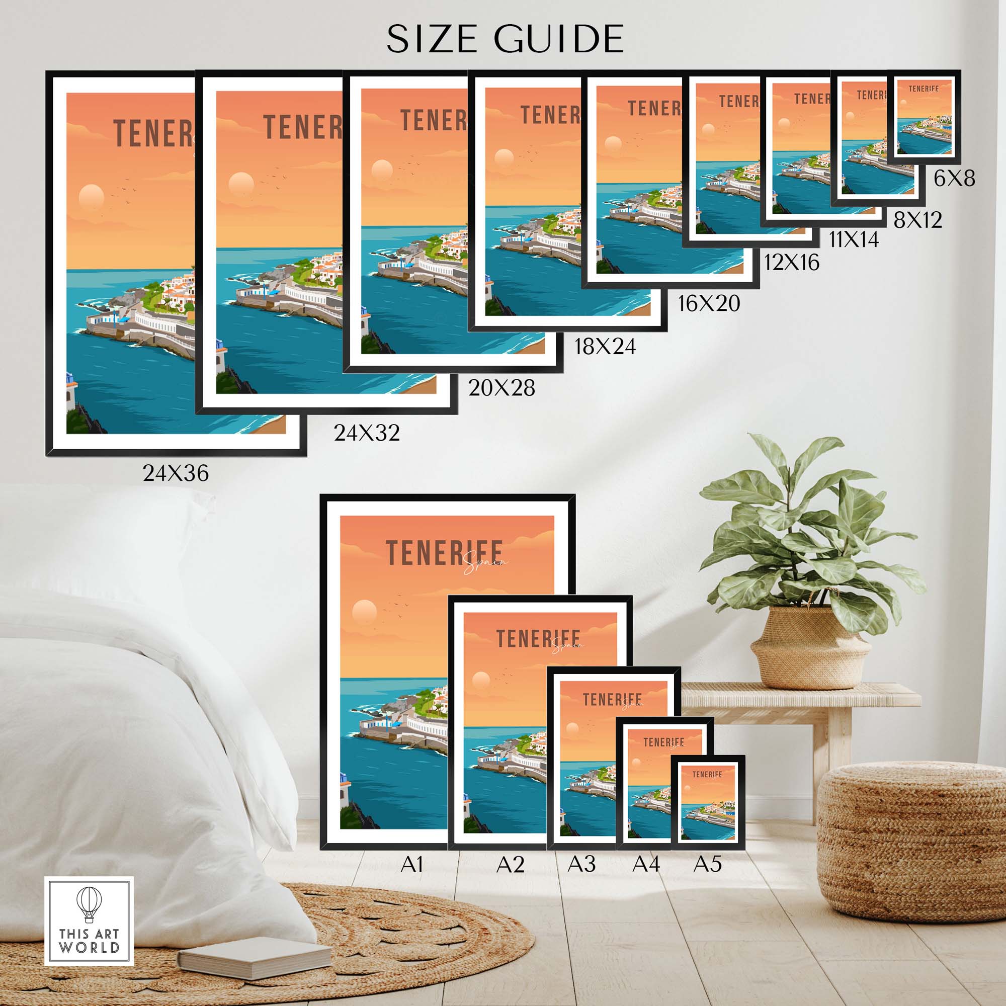 Tenerife Spain travel poster print size guide featuring various frame sizes and styles for wall decor.