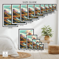 Size guide for Scottish Highlands wall art prints displayed in various frame sizes in a stylish home setting.
