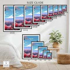 Size guide for Tokyo travel poster showing various frame sizes and vibrant mountain and cherry blossom design.