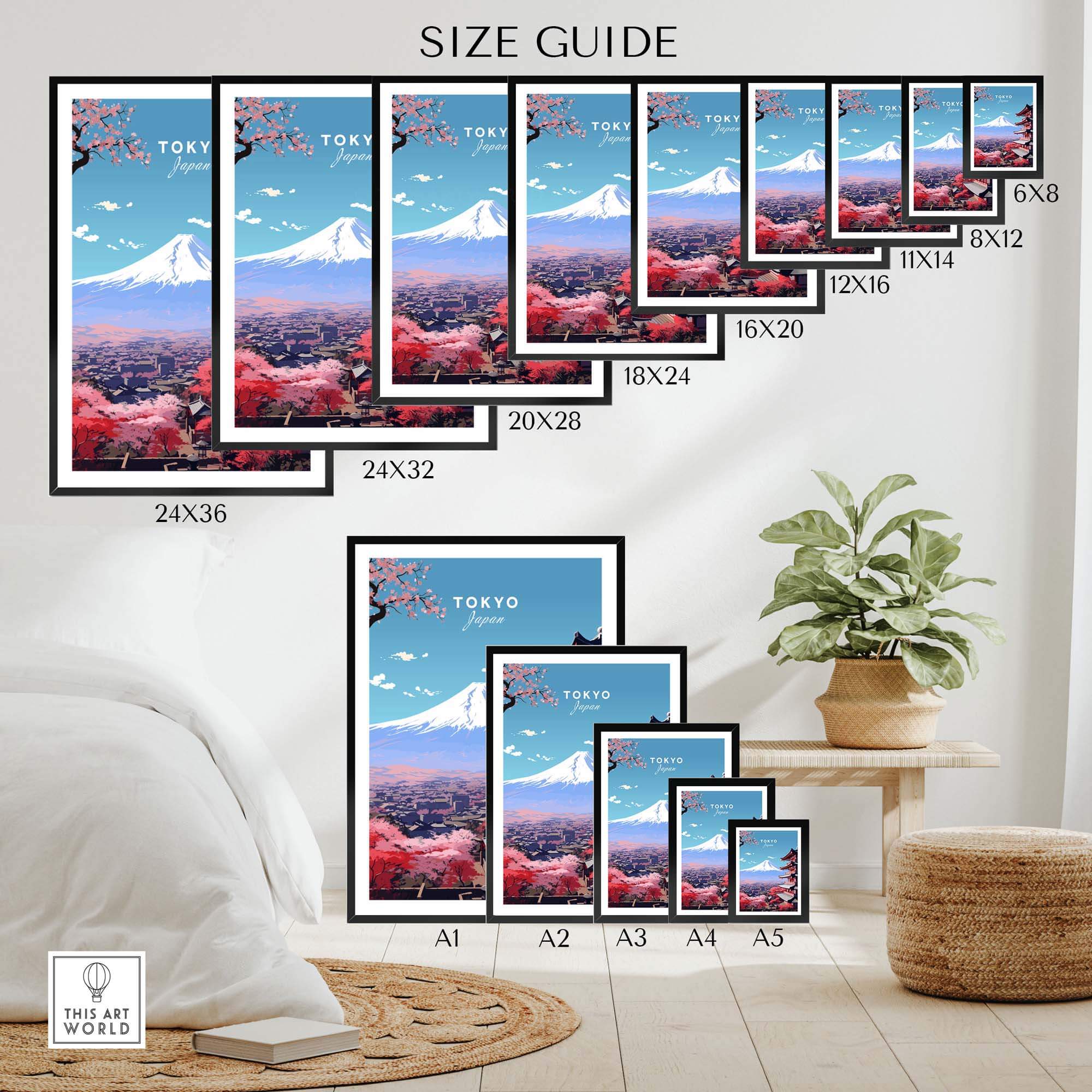 Size guide for Tokyo travel poster showing various frame sizes and vibrant mountain and cherry blossom design.