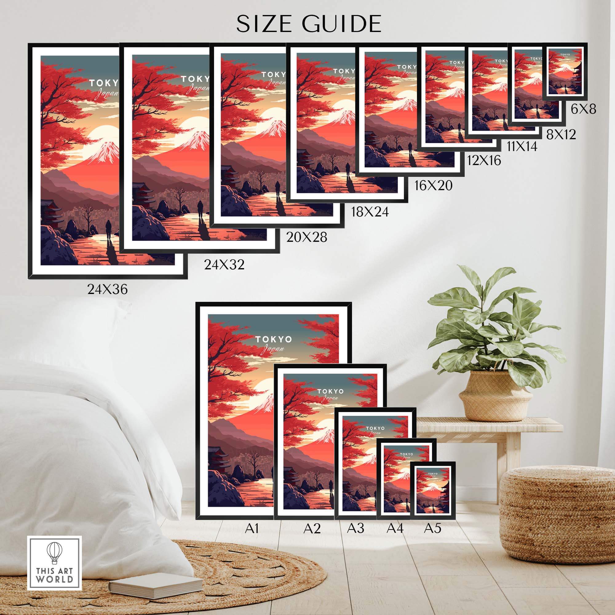Size guide for Tokyo wall art featuring Mount Fuji landscape print in various frame sizes, ideal for home decor.