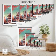 Tokyo Japan poster size guide showcasing various sizes and dimensions of the artwork in a stylish interior setting.