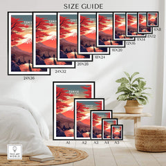 Size guide for Tokyo Mount Fuji poster, showcasing various frame sizes for optimal display in home decor.